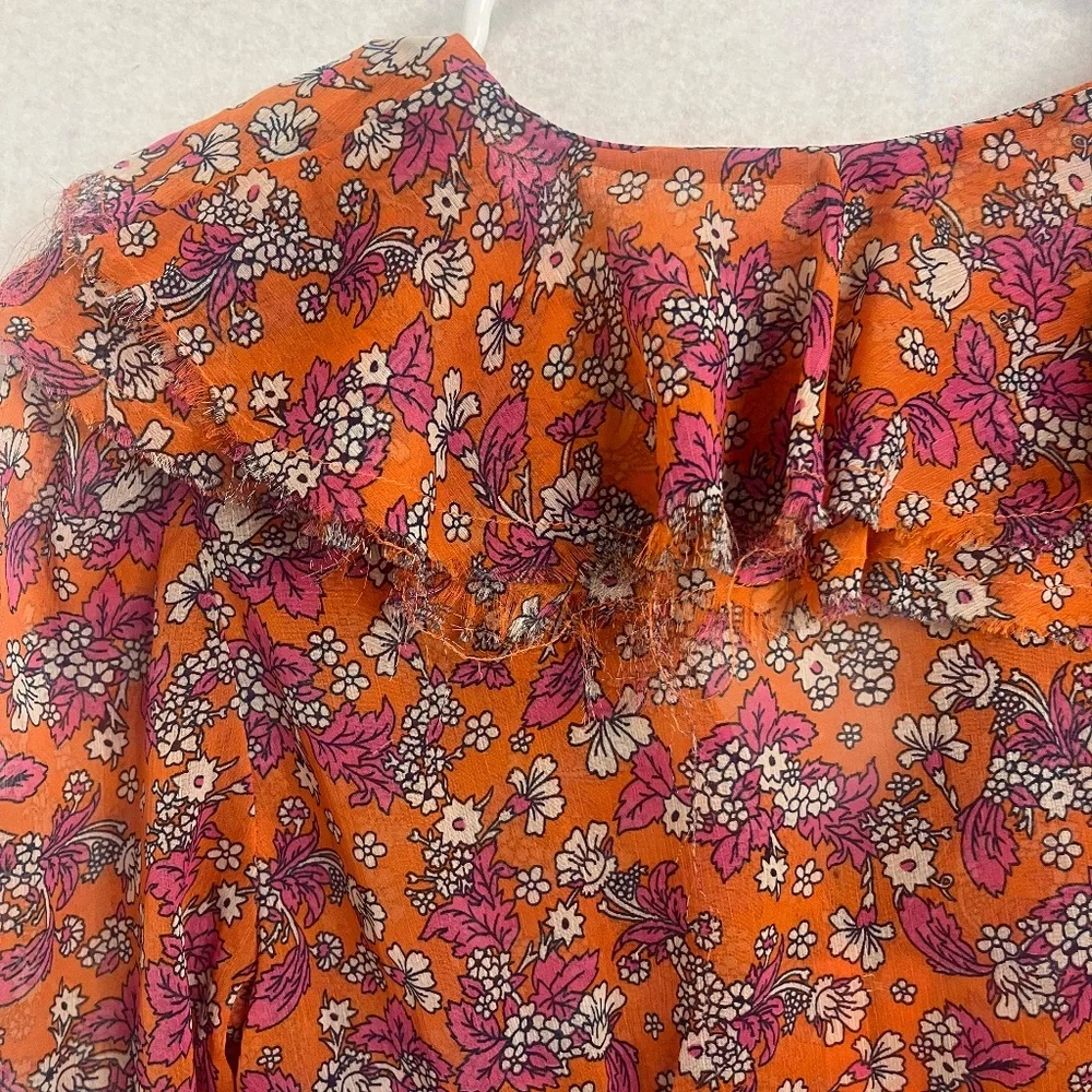 Free People Orange Floral Sheer Ruffle Boho Blouse Medium - Picture 6 of 7